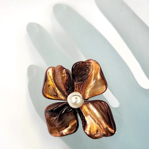 Dark Brown Sea Shell Freshwater Pearl Bead Asymmetric Flower Adjustable Ring - Picture 1 of 16